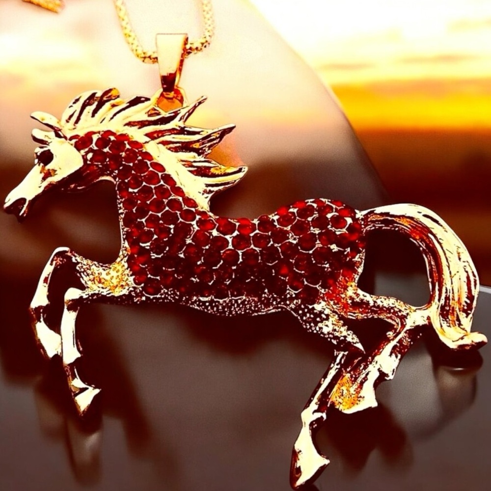 Rearing Running Horse Coffee Colored Crystal & Gold Necklace - Picture 2 of 4